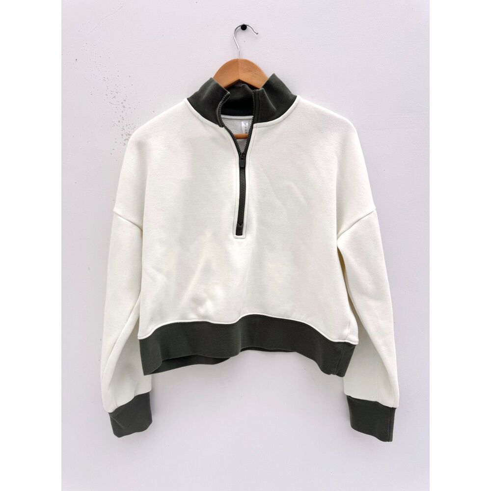 Fabletics Cropped Half Zip Sweatshirt Ivory Olive Colorblock XS